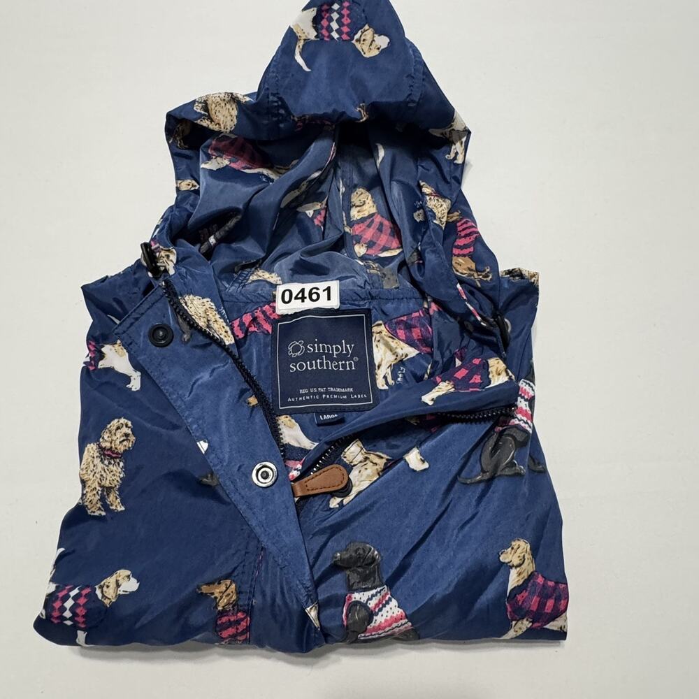 Simply Southern Women's Large Blue Dog Print Anorak Jacket Hood Zip Snap Pockets - Picture 12 of 16